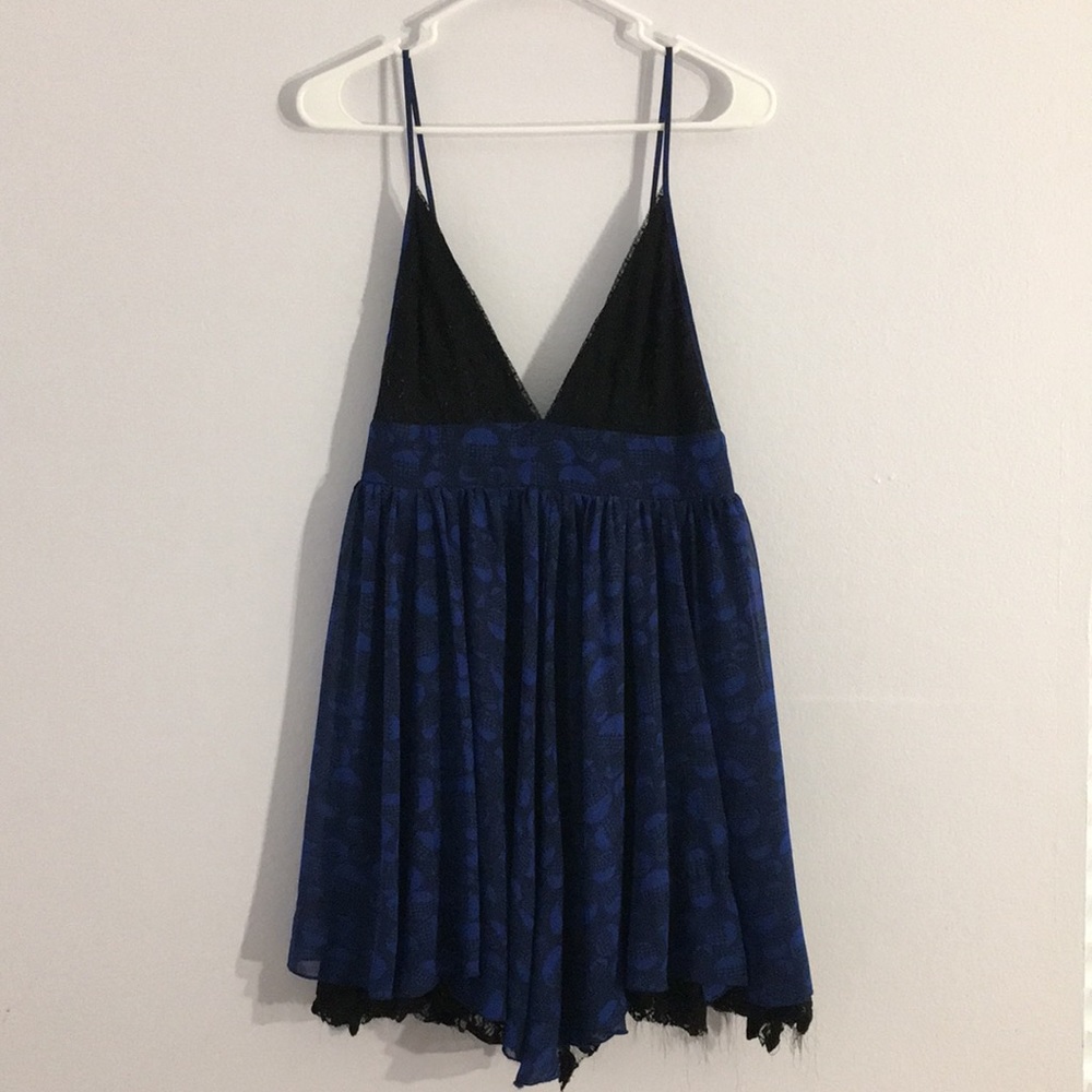 Blue and Black Printed Dress With Lace Accents